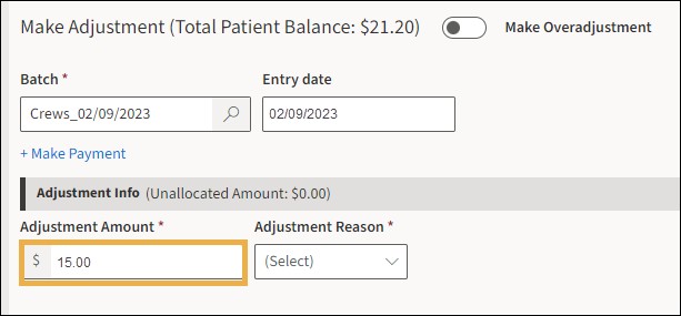 Adjustment posting window with yellow highlight box around the adjustment amount field.